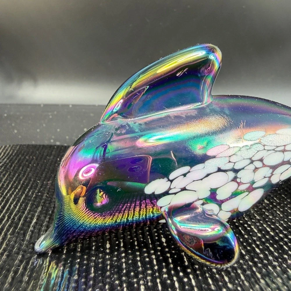 Pele of Hawaii Glass Iridescent Dolphin Figurine Carnival Glass White Spotted